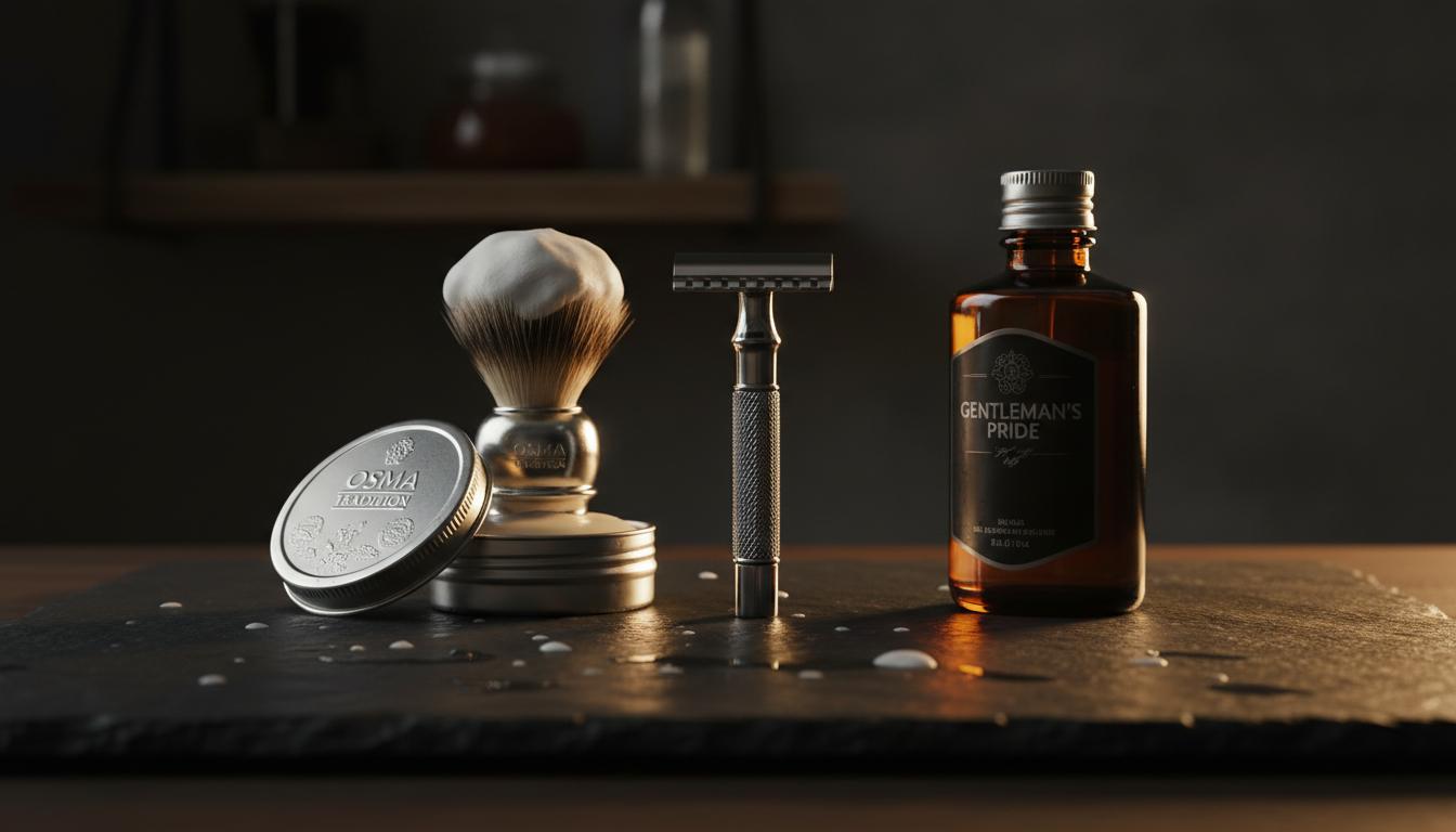 Complete wet shaving setup with safety razor, brush, soap, and aftershave