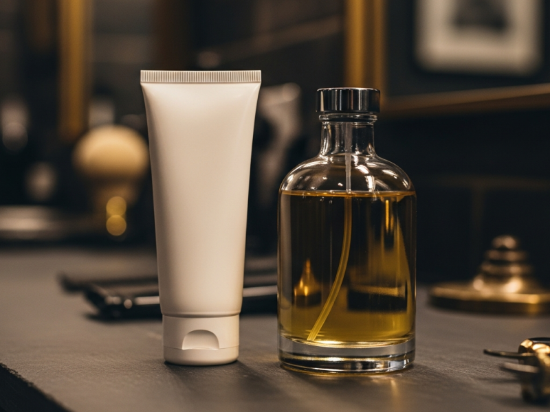A post-shave balm tube next to an aftershave splash bottle for comparison