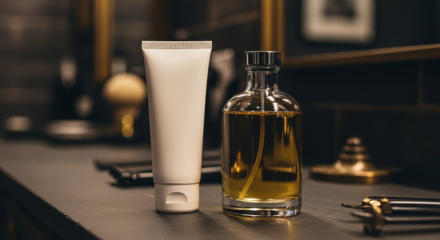 A post-shave balm tube beside an aftershave splash bottle