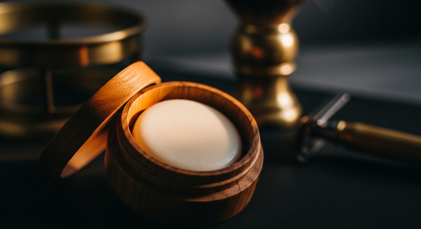 An open artisan shaving soap tub showing a smooth cream puck