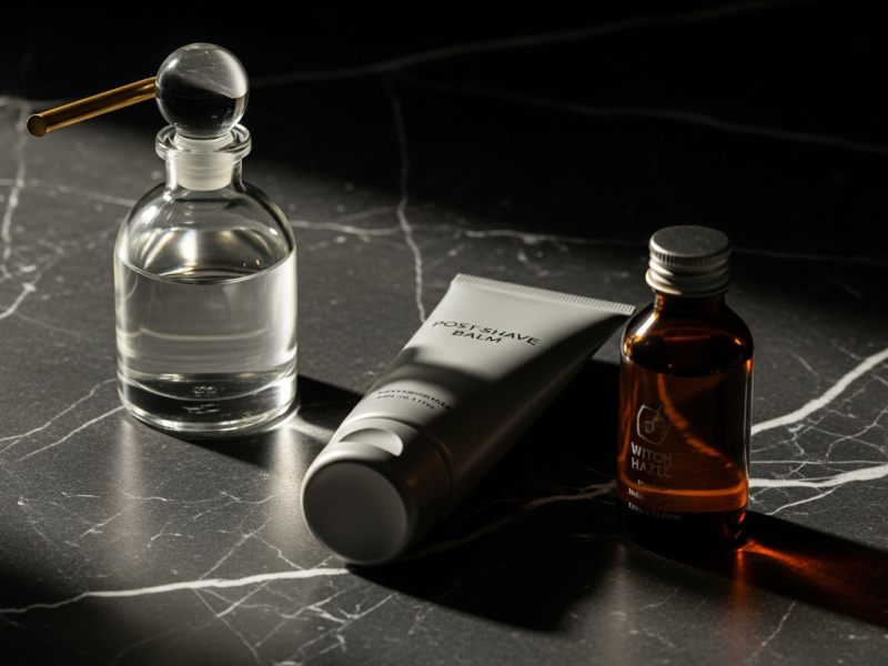 Aftershave splash bottle, post-shave balm tube, and witch hazel on dark marble