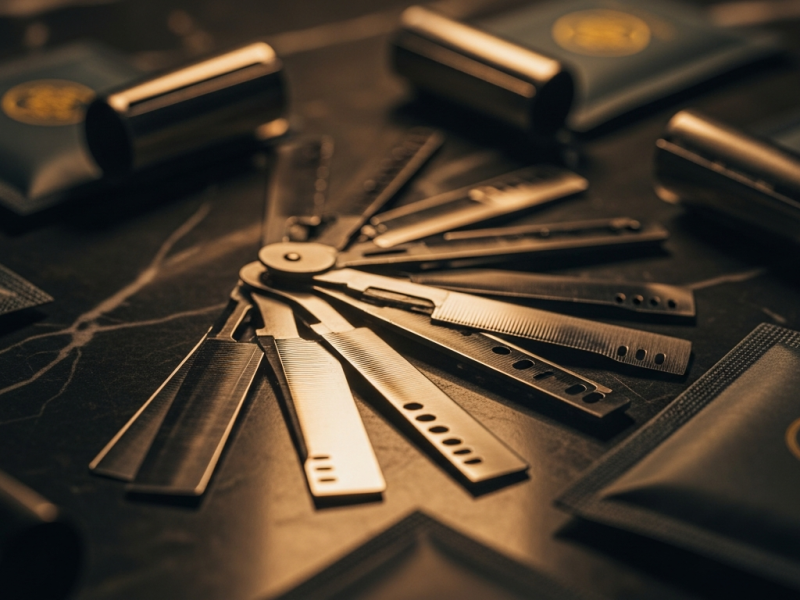 Double-edge razor blades and blade packets fanned out on dark marble
