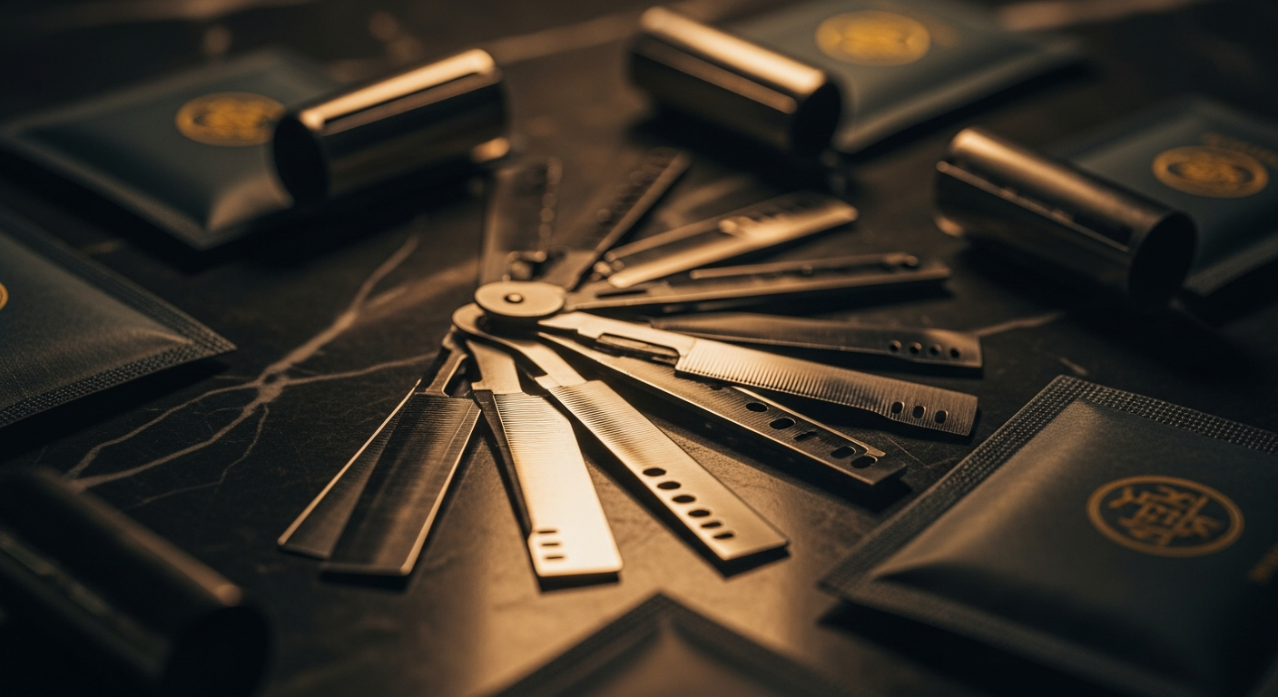 Double-edge razor blades and blade packets fanned out on dark marble