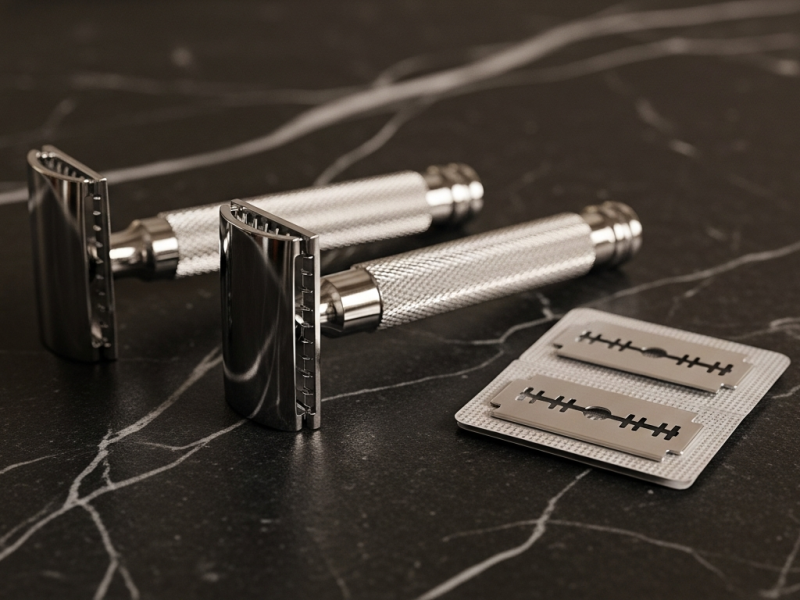Two mild chrome safety razors and a pack of blades on dark marble