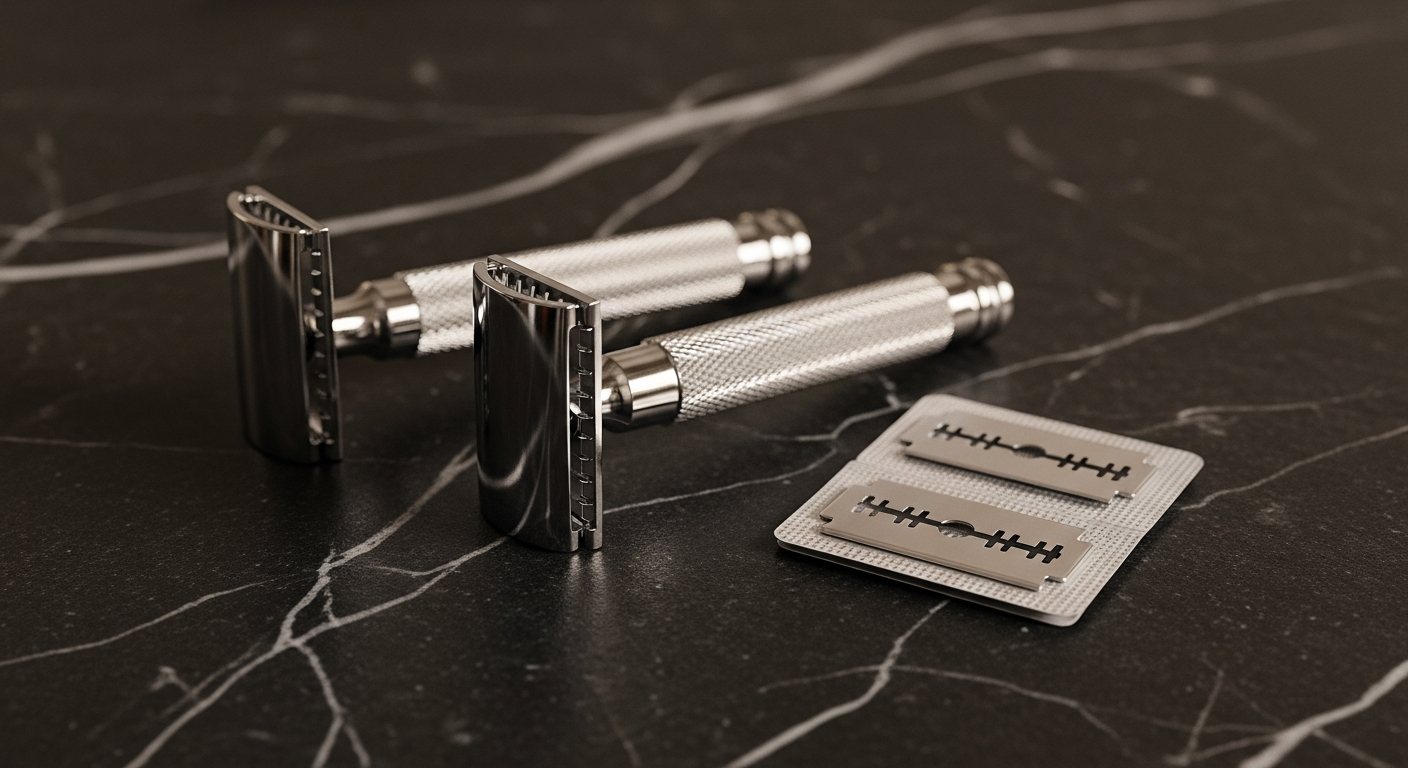 Two mild chrome safety razors and a pack of blades on dark marble