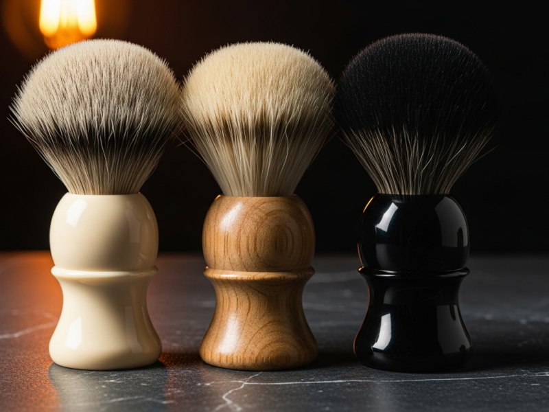 Three premium shaving brushes side by side: cream silvertip badger, natural boar, and black synthetic, on dark marble
