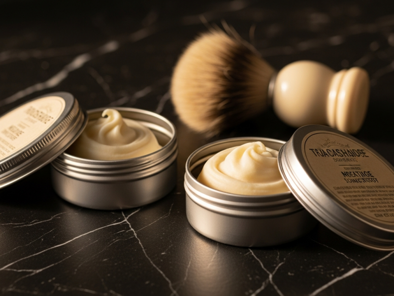 Two artisan shaving soap tins with cream pucks and a brush on dark marble