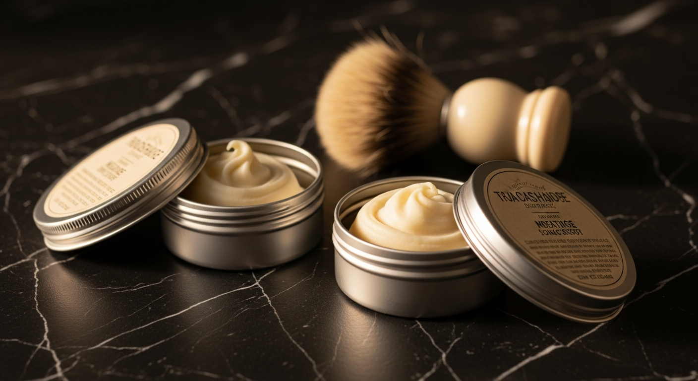 Artisan shaving soap tins with cream pucks and a brush on dark marble