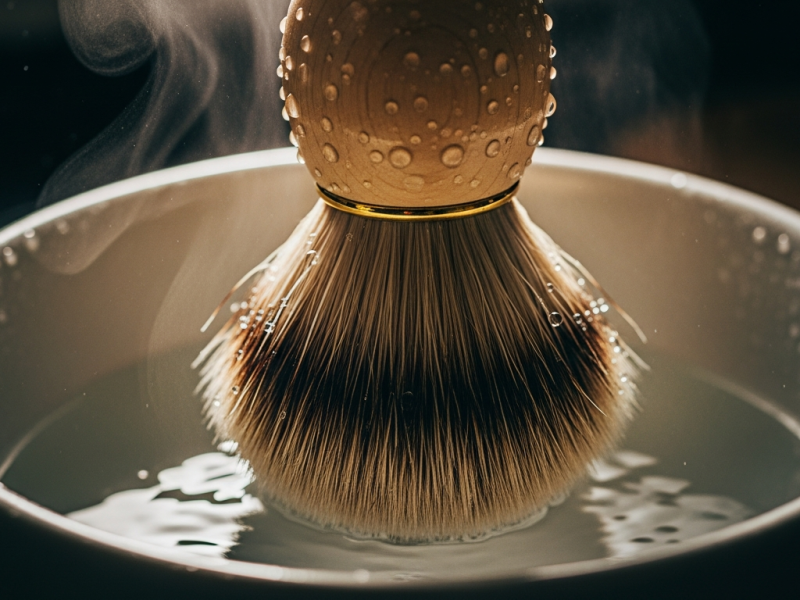 A boar bristle shaving brush soaking bristles-down in a ceramic bowl of warm water with steam