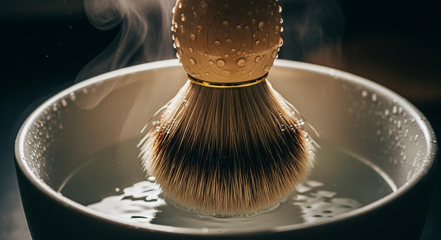 Boar shaving brush soaking in a bowl of warm water to break in