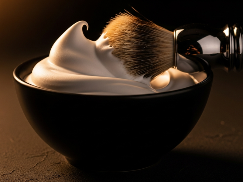 A shaving brush building thick glossy lather with peaks in a dark ceramic bowl