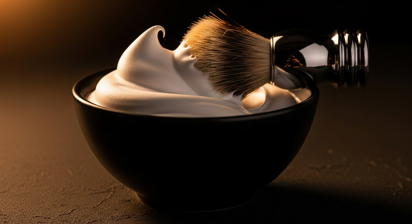 A shaving brush building thick glossy lather in a dark ceramic bowl