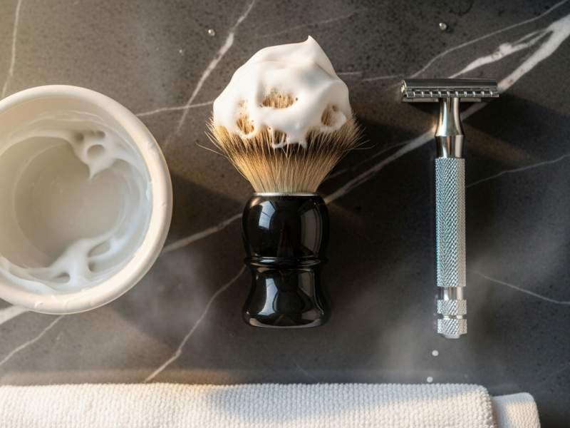 Wet shaving flat-lay with safety razor, badger brush loaded with lather, ceramic shaving bowl on dark marble surface