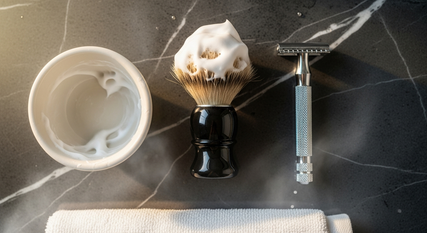 Wet shaving flat-lay with safety razor, badger brush loaded with lather, ceramic shaving bowl on dark marble surface