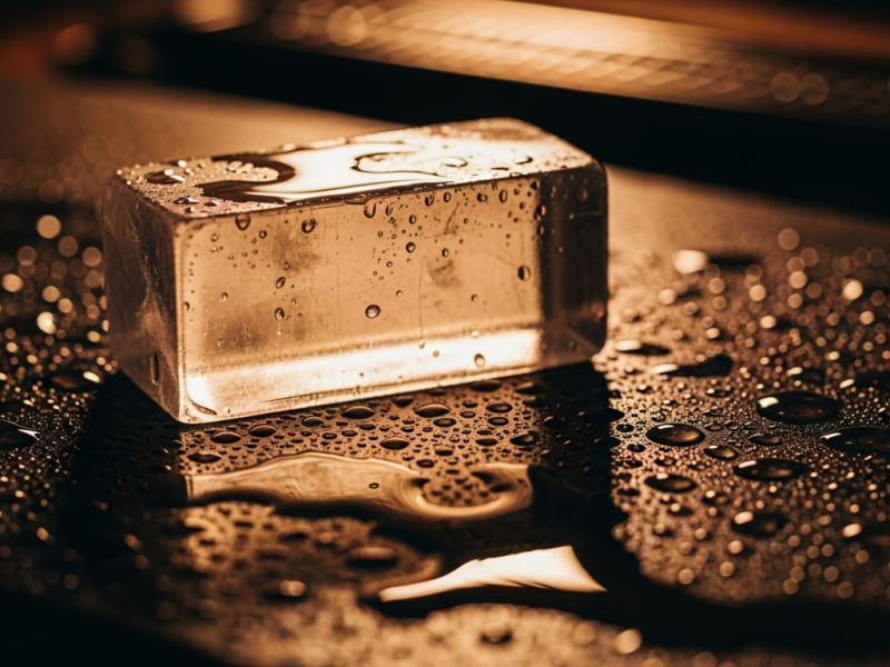 A translucent crystal alum block on a wet stone surface