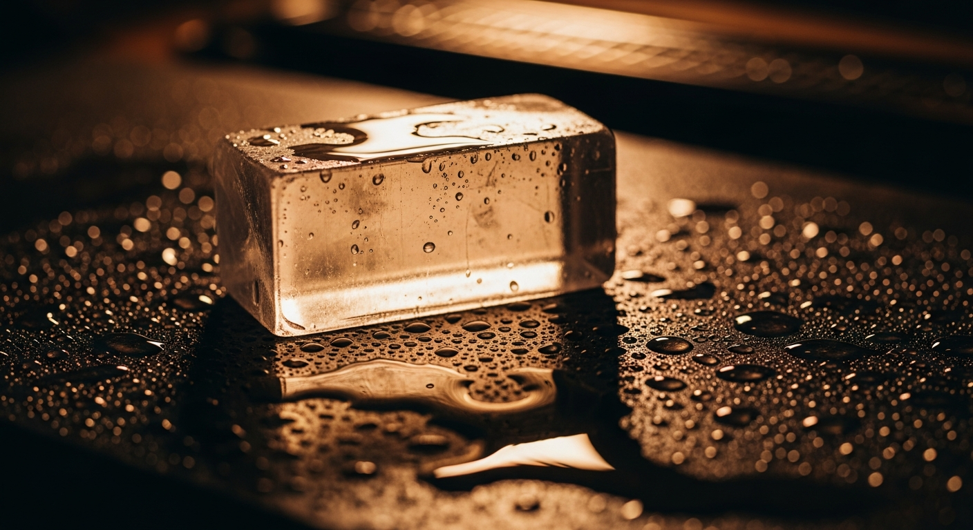 A translucent crystal alum block on a wet stone surface
