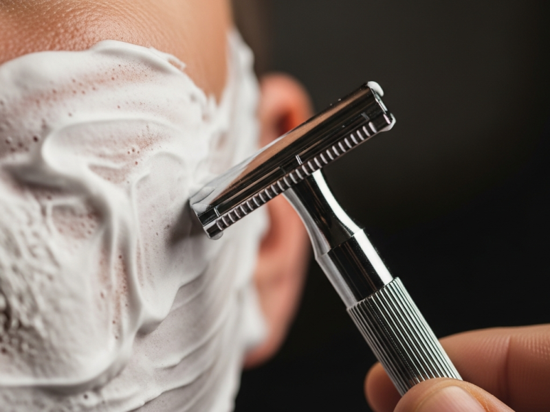 A chrome double-edge safety razor held at a shaving angle against a lathered face