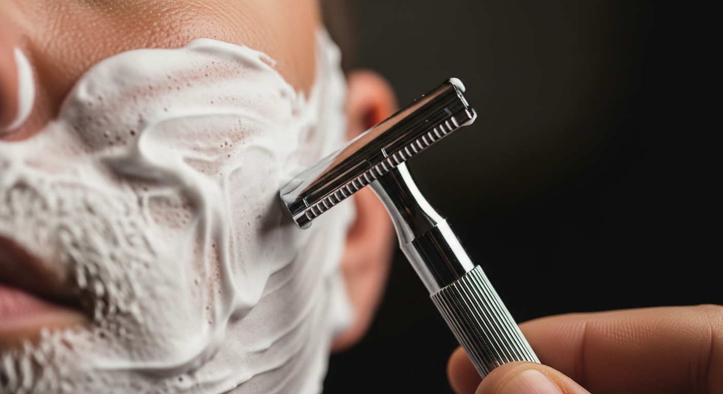 A double-edge safety razor held at a shaving angle against a lathered face