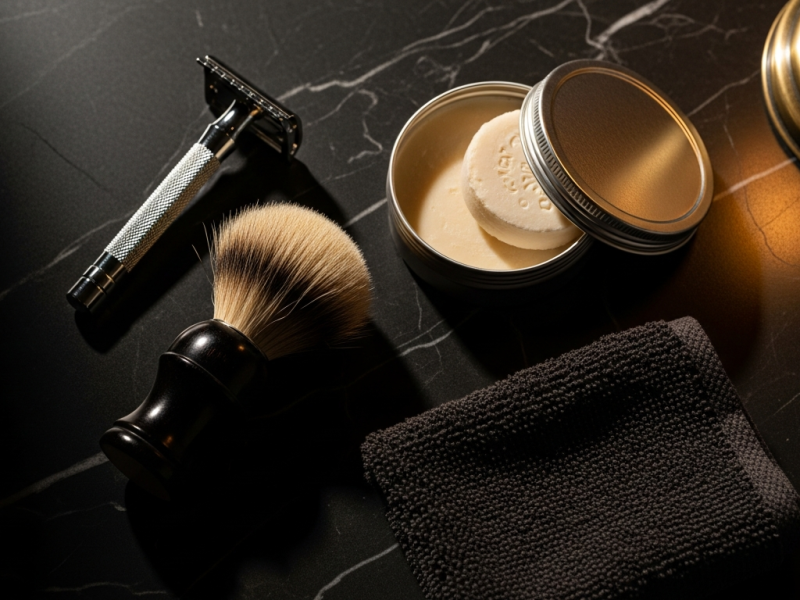 A complete wet shaving kit flat-lay: safety razor, badger brush, soap tin, and towel on dark marble