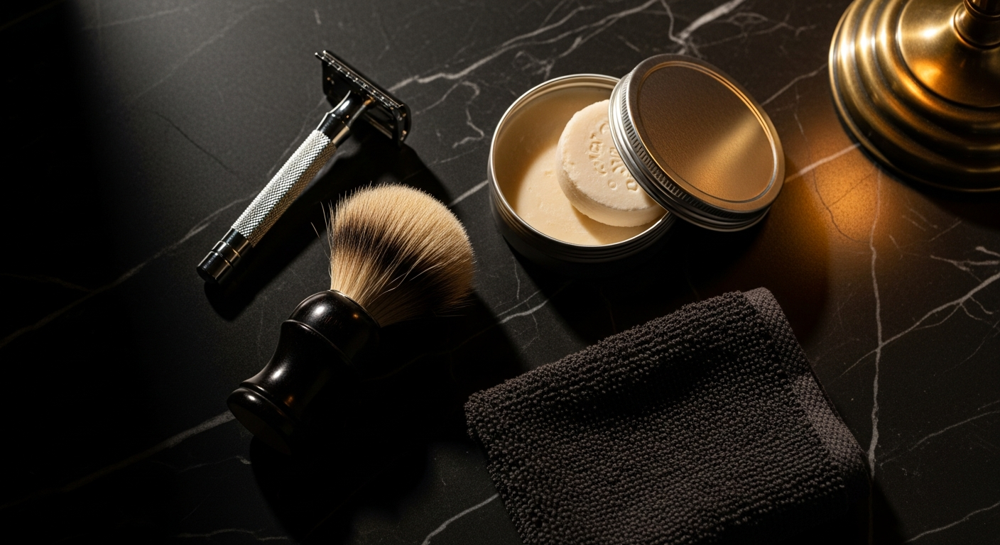A complete wet shaving kit: safety razor, brush, soap, and towel