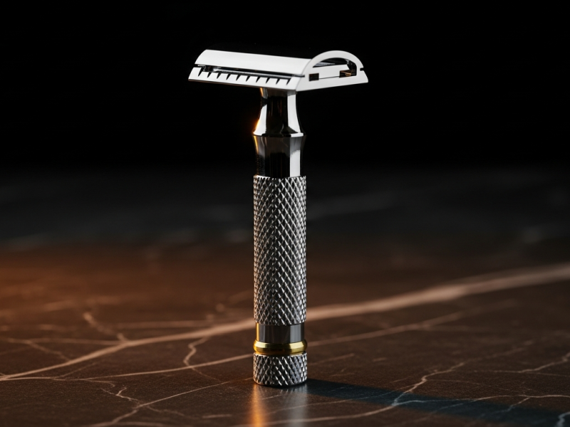 A short-handled chrome two-piece safety razor standing on dark marble