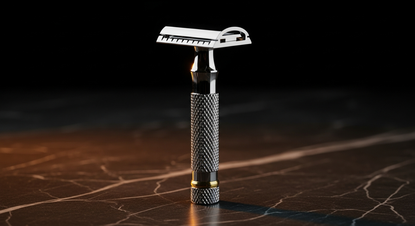 A short-handled chrome two-piece Merkur safety razor on dark marble