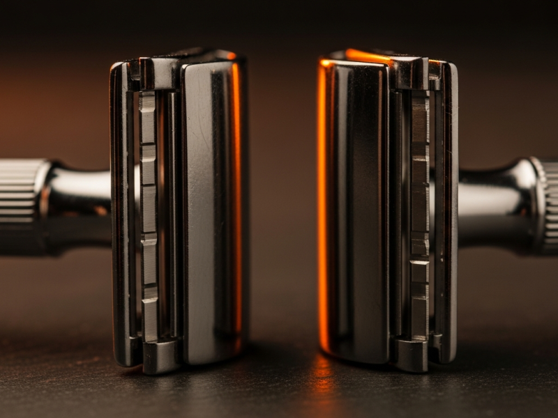 Two safety razor heads side by side showing different blade gaps