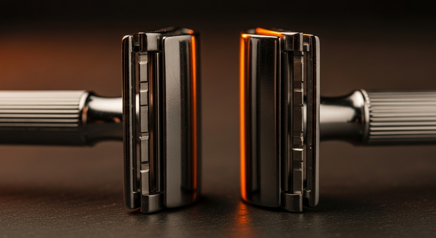 Two safety razor heads side by side showing different blade gaps