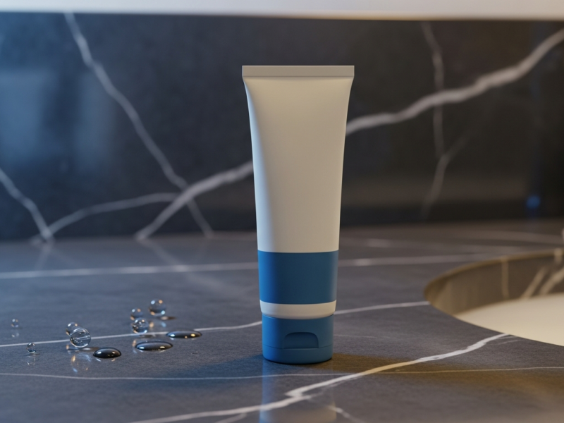 A blue and white post-shave balm tube on a dark marble bathroom counter