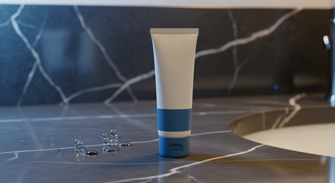 A blue and white post-shave balm tube on a dark marble counter