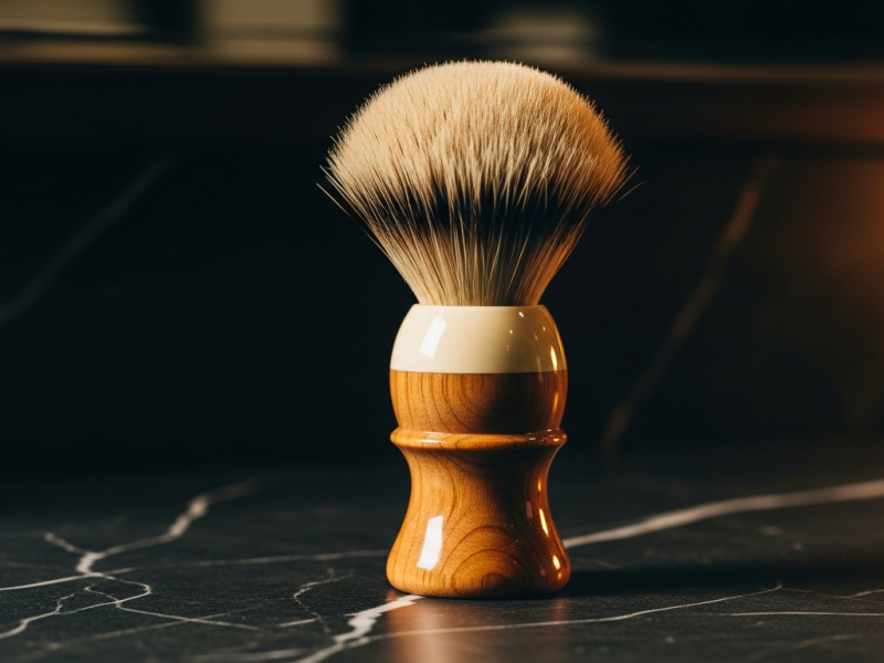 A classic Omega boar bristle shaving brush with cream and amber beechwood handle on dark marble