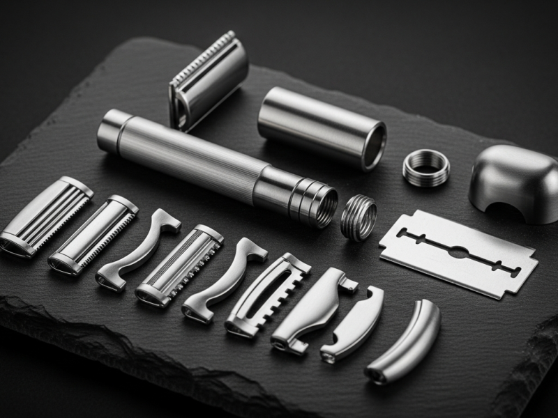 A stainless steel adjustable safety razor disassembled with its baseplates