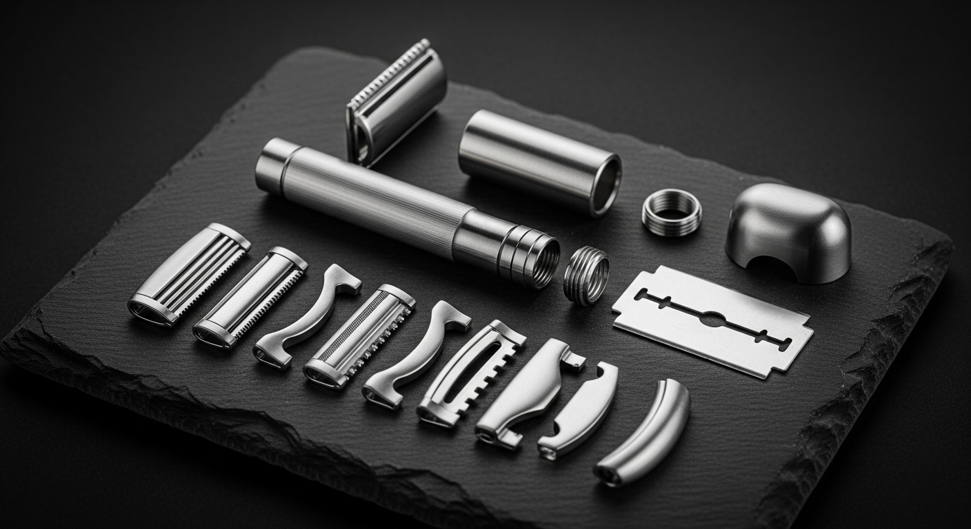 A stainless steel adjustable safety razor disassembled with its baseplates