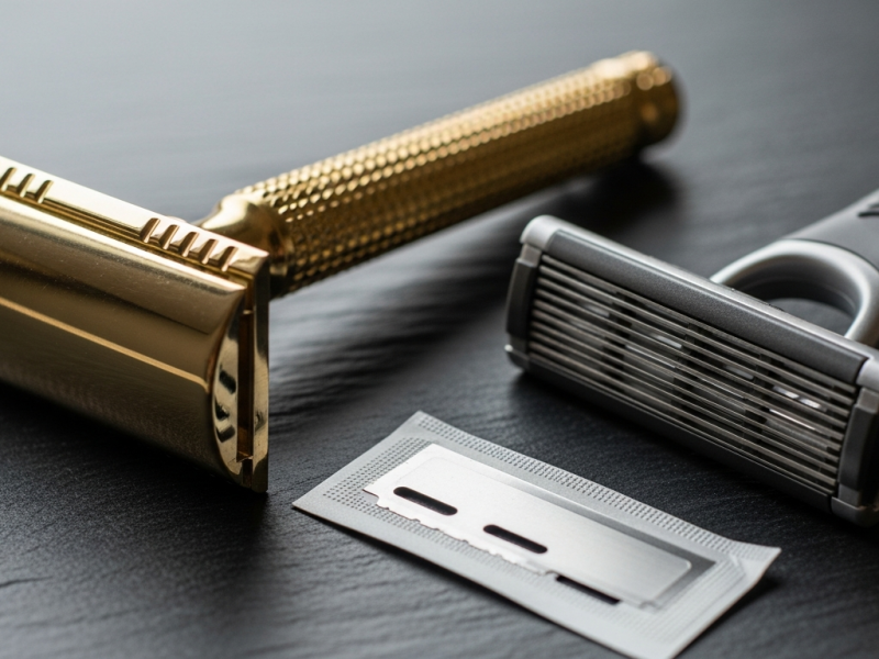 Brass double-edge safety razor beside a modern cartridge razor on dark slate, with a double-edge blade between them