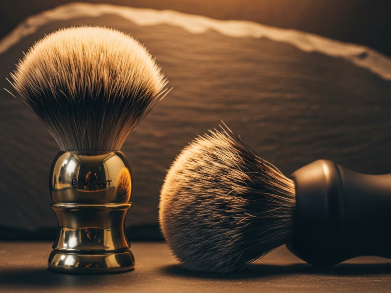 A cream badger shaving brush and a black synthetic shaving brush side by side for comparison