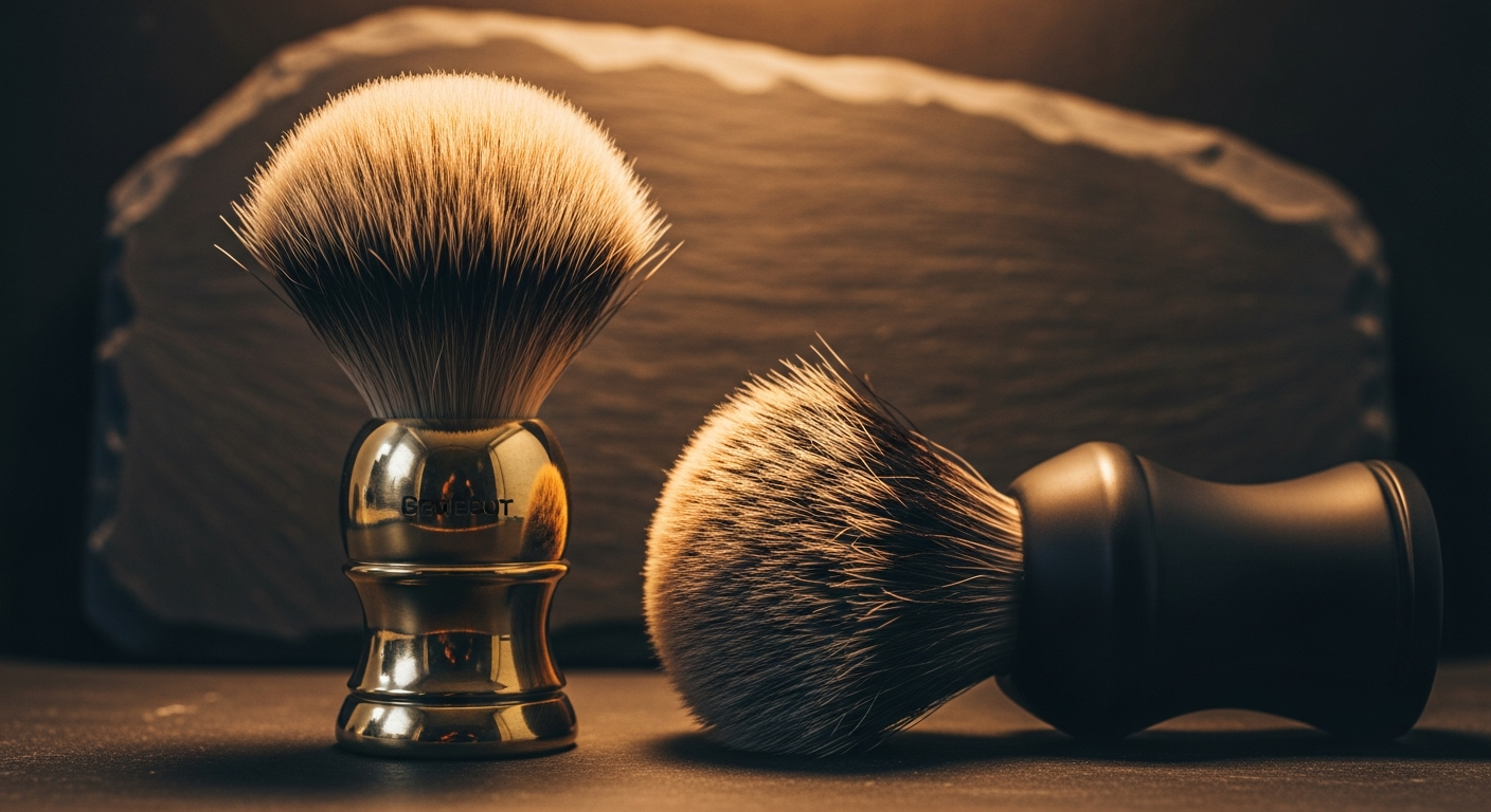 Synthetic shaving brush next to a badger shaving brush