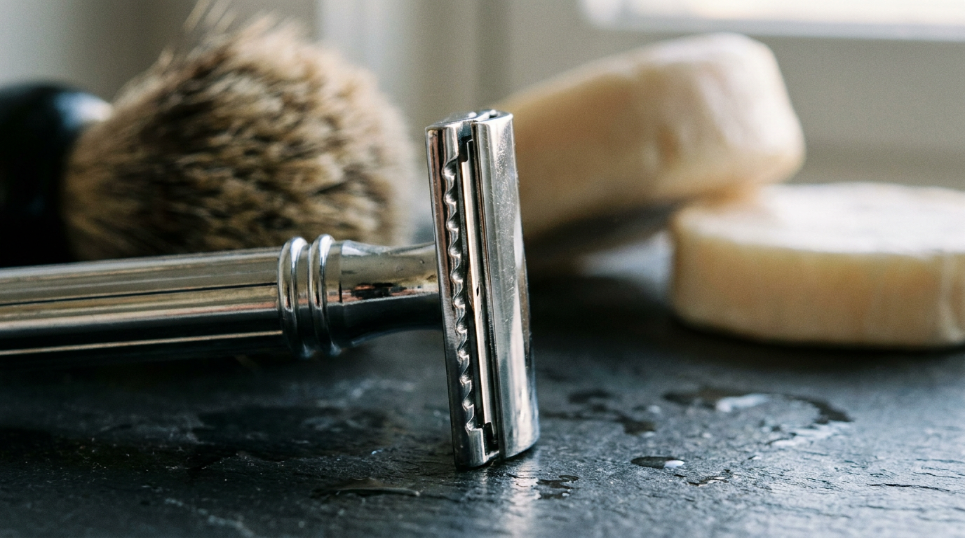 Astra Superior Platinum double edge blades stacked beside a chrome safety razor on dark slate