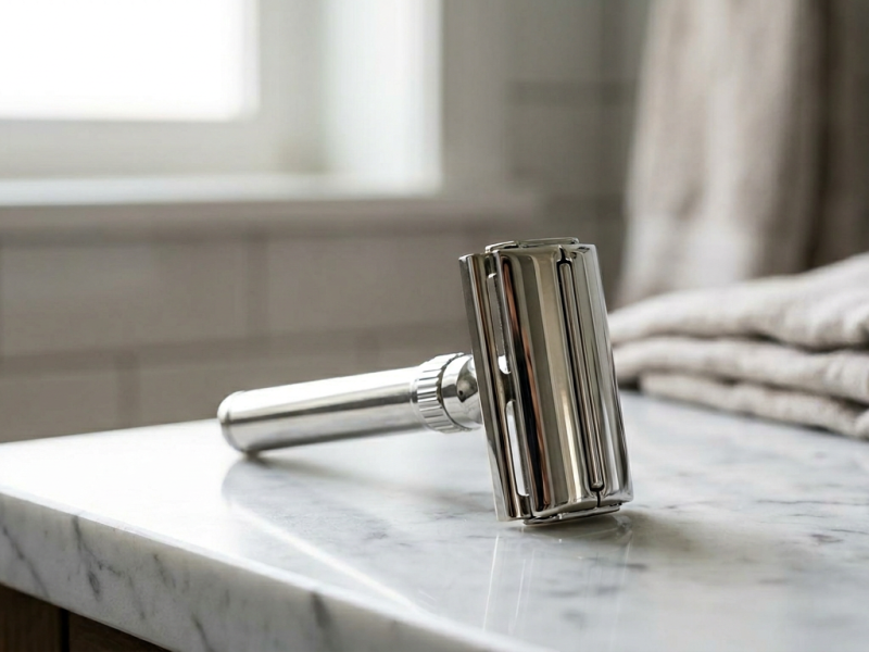 Adjustable safety razor with a numbered dial standing on a bathroom counter