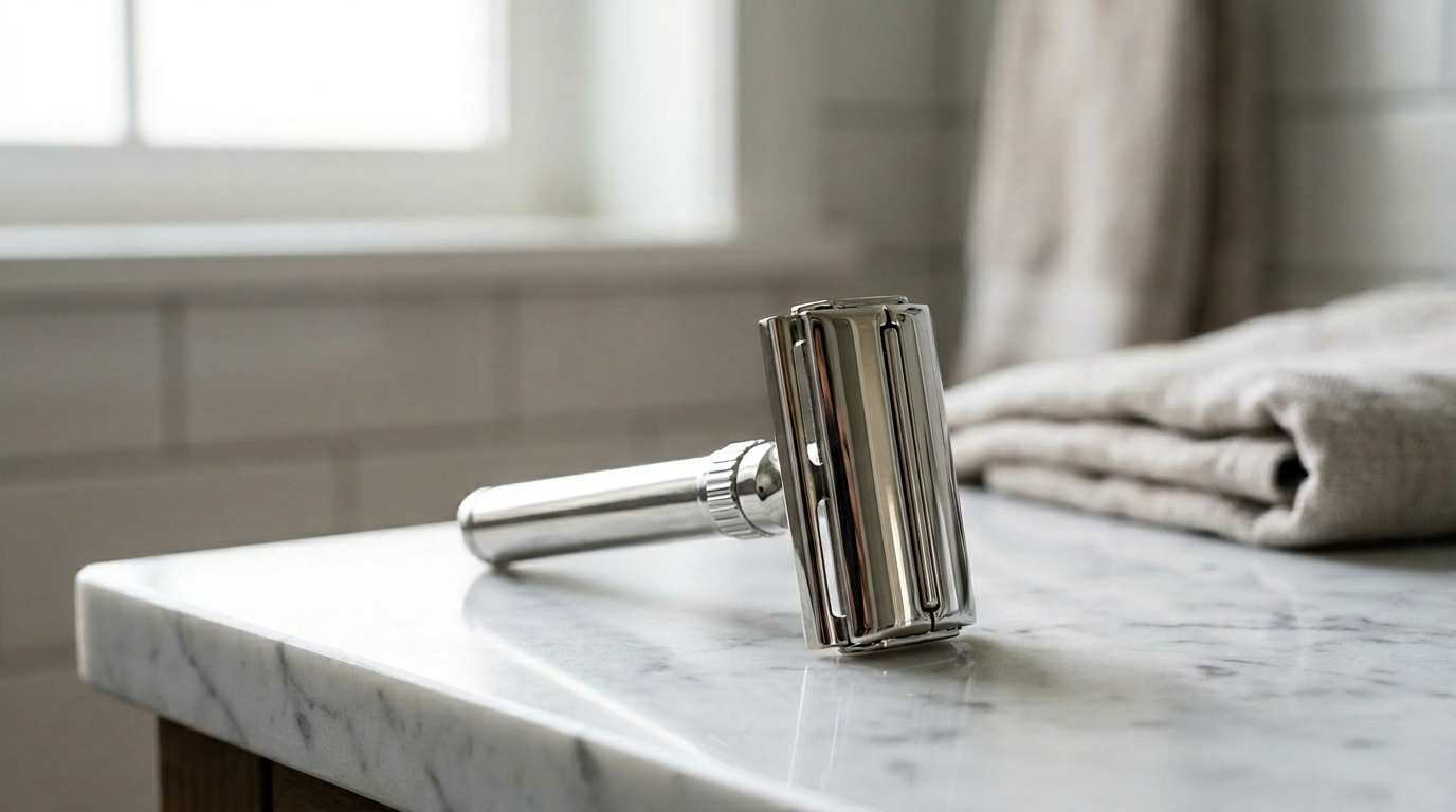 Adjustable safety razor with a numbered dial standing on a bathroom counter