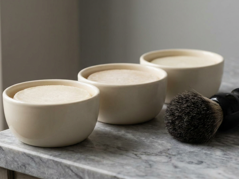 Three plain tubs of vegan shaving soap beside a synthetic brush on a marble counter