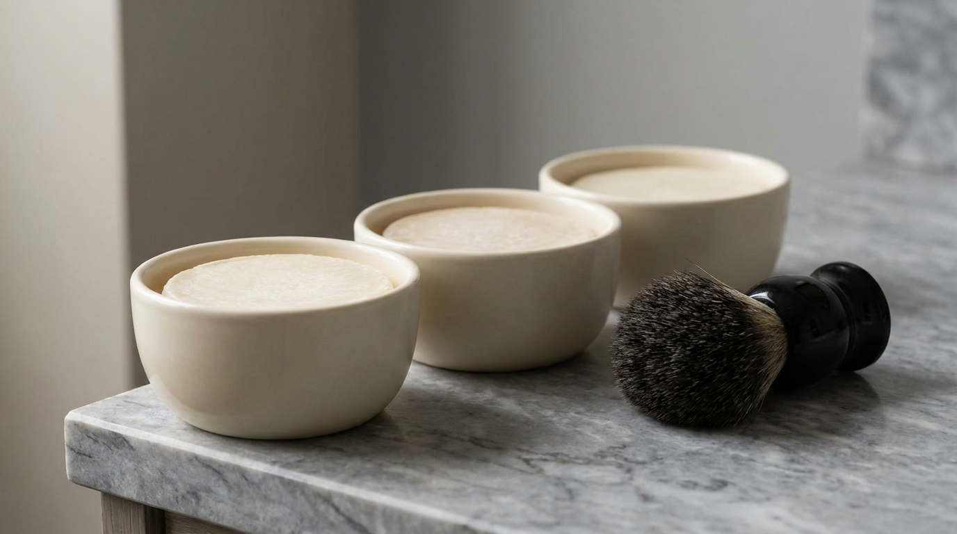 Three plain tubs of vegan shaving soap beside a synthetic brush on a marble counter
