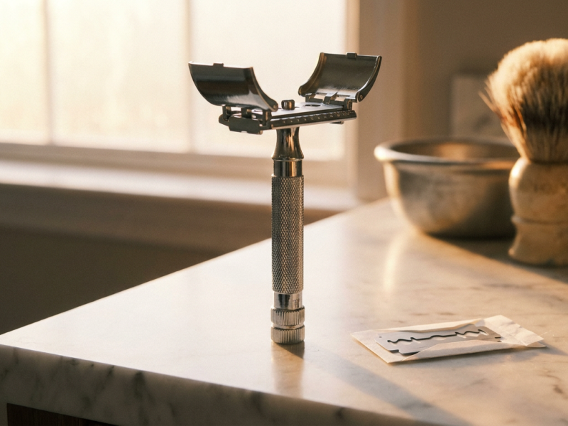 butterfly twist to open safety razor with top doors open ready to load a blade