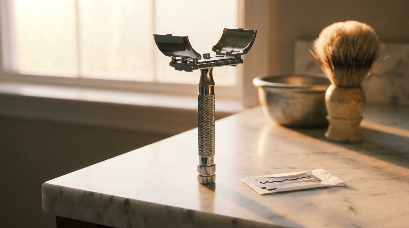 butterfly twist to open safety razor with top doors open ready to load a blade