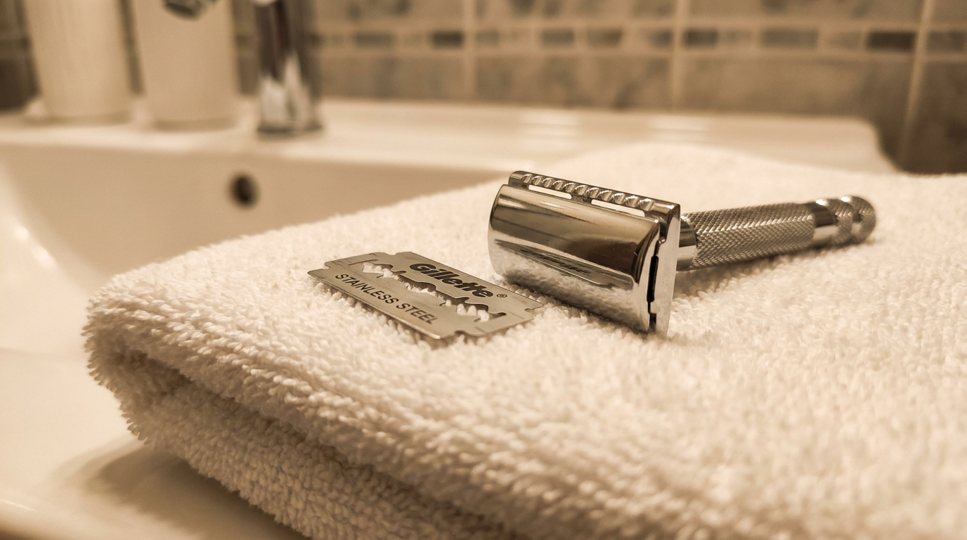 Stainless double edge razor blade resting on a folded towel beside a chrome safety razor