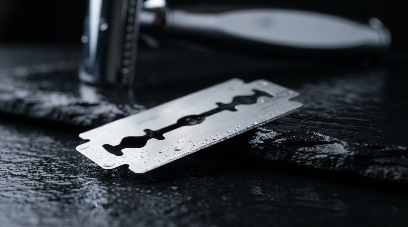 Stainless double edge razor blade on wet slate beside a safety razor, comparing Gillette Silver Blue vs Feather sharpness