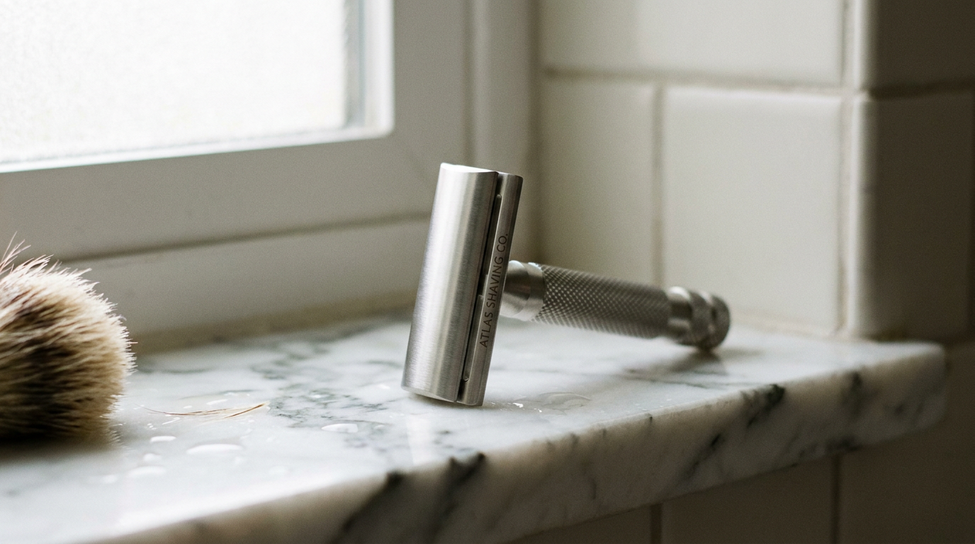 Henson AL13 machined aluminum safety razor standing upright on a marble bathroom shelf