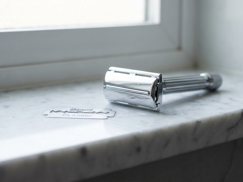 Double edge razor blade beside a chrome safety razor on a bathroom shelf