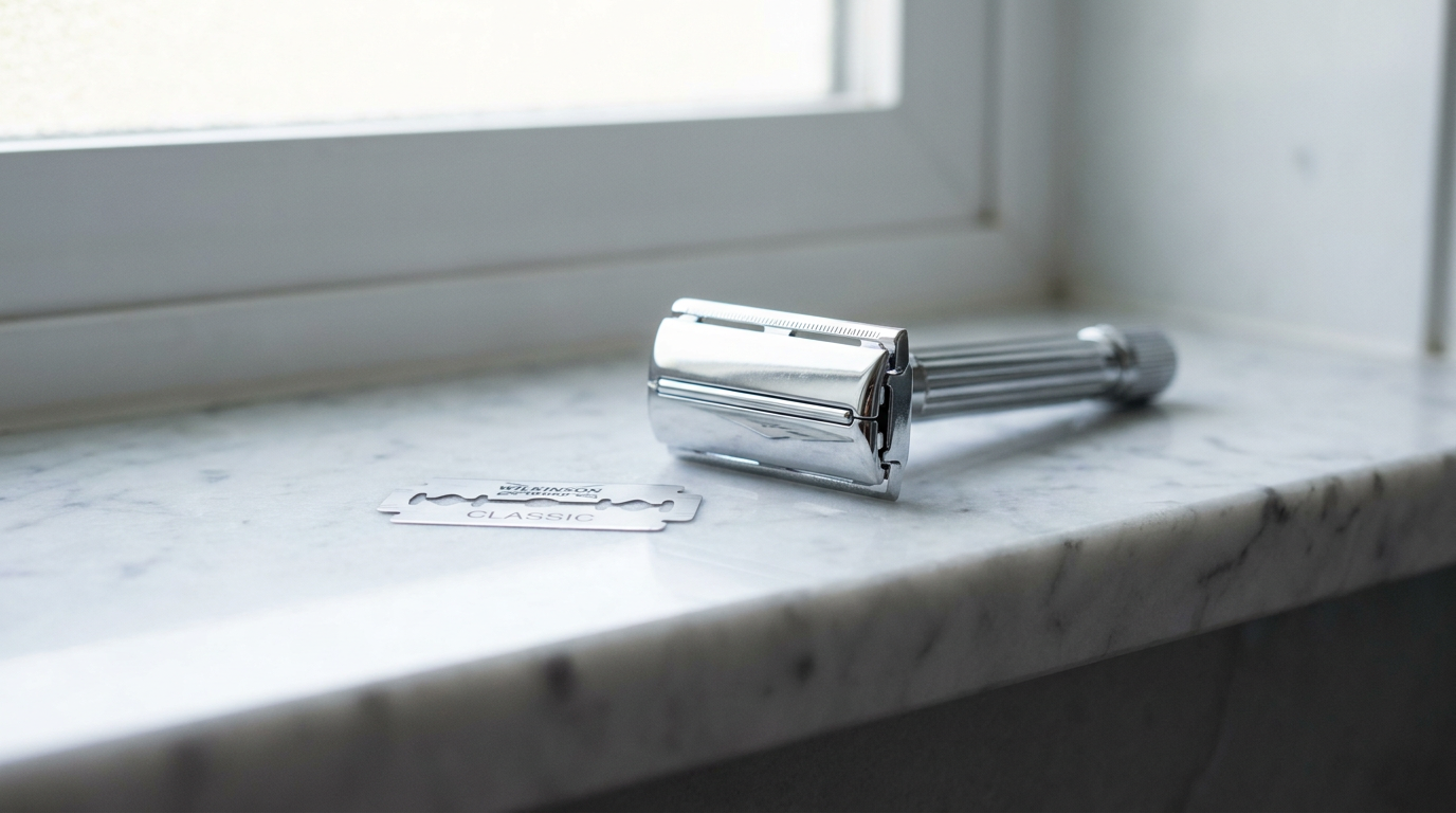 Double edge razor blade beside a chrome safety razor on a bathroom shelf
