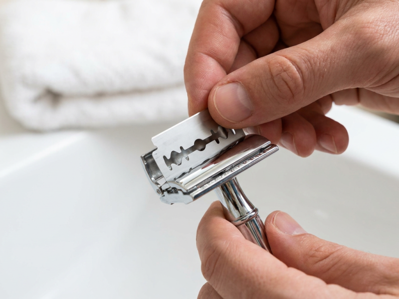 Hand loading a fresh double edge blade into an open chrome safety razor over a bathroom sink