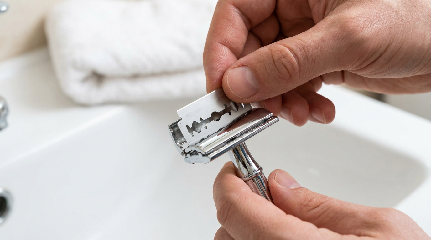 Hand loading a fresh double edge blade into an open chrome safety razor over a bathroom sink